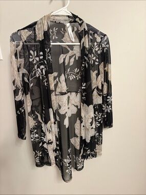 NY Collection Black Floral Sheer Cardigan with Cream Flowers